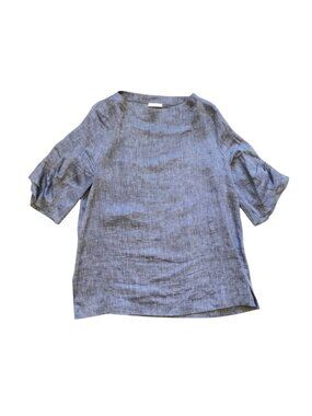 Peserico Top Shirt Blouse Womens 44 Large Blue Linen 3/4 Sleeve Ruched Beaded